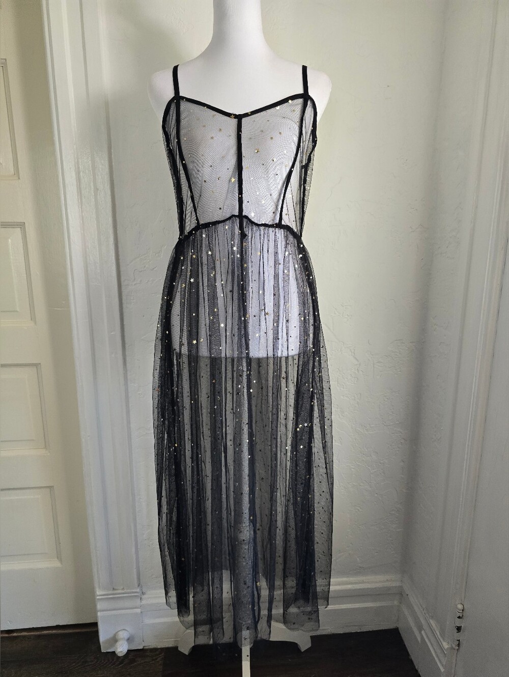 Sheer Black Sequin Maxi Slip Dress